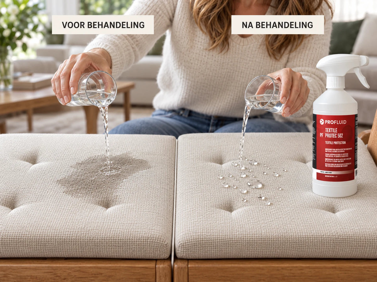 Meubelstof voor en na behandeling met PF 502: links trekt water in de stof, rechts parelt het water af